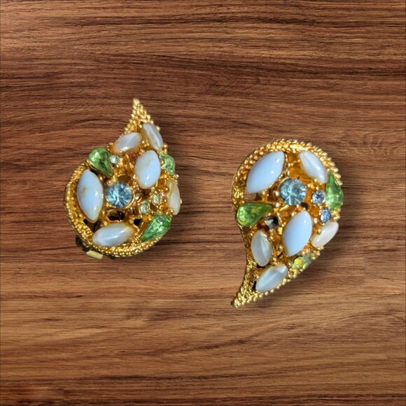 Vintage Gold-Tone Clip-On Earrings W/ White Opalescent & Green Rhinestones Tear - Picture 2 of 8